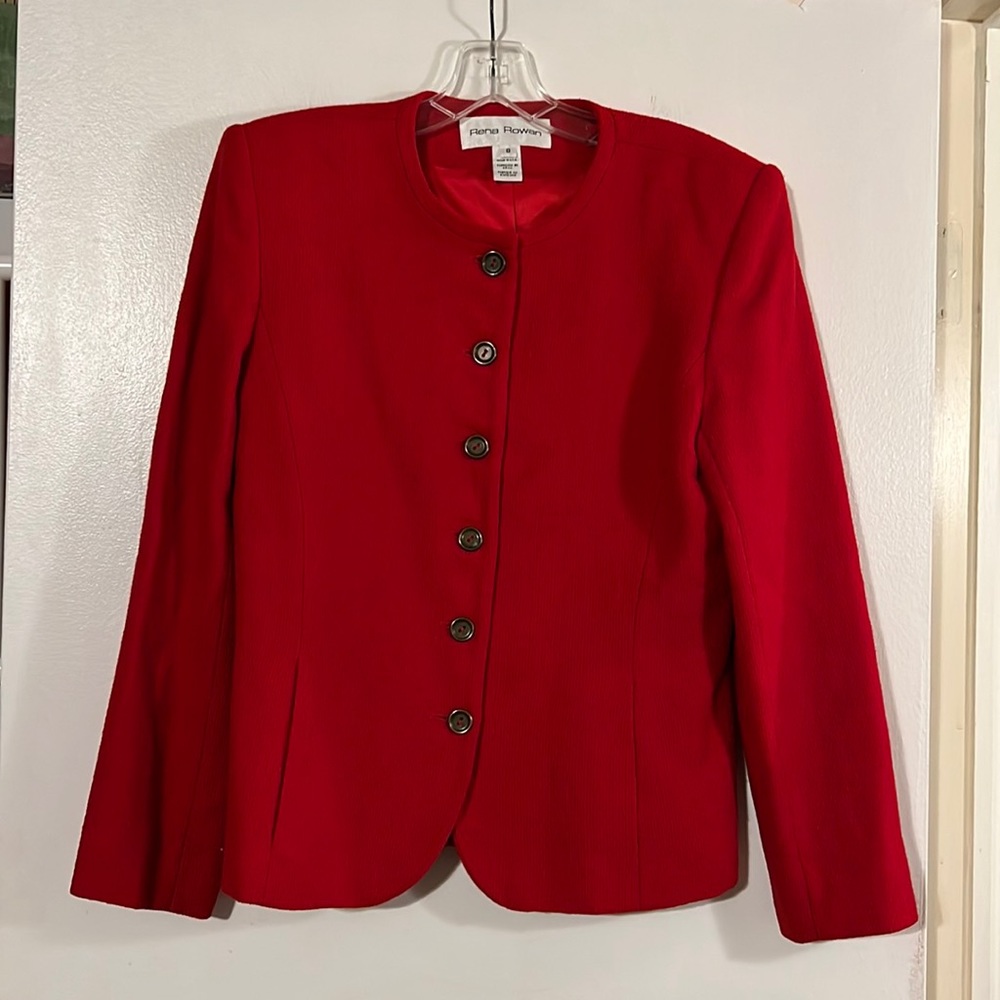 Rena Rowan red collarless button front lined jacket with pockets
